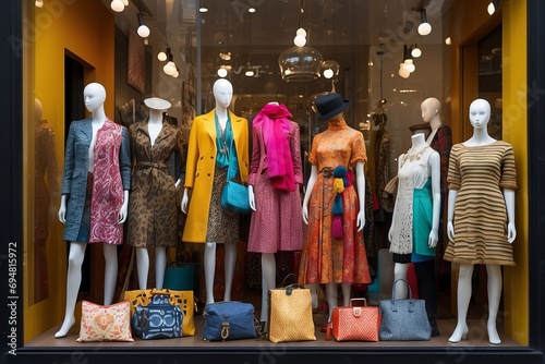 A beautiful bright multicolored showcase of a women's clothing store. White mannequins wearing different clothes, accessories, bags in the shop window. Shopping, interior designer concepts.