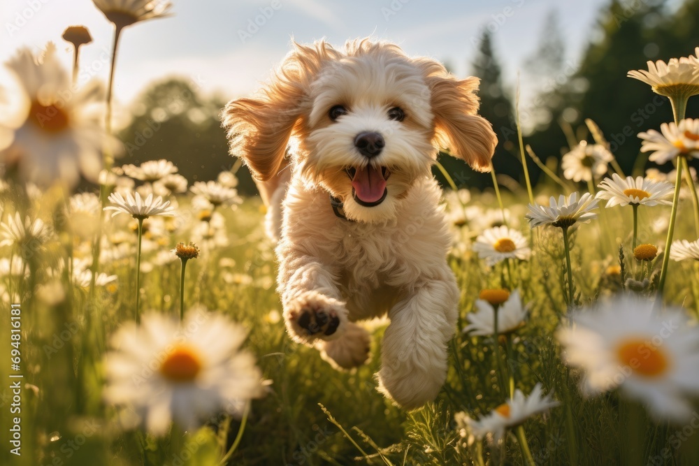A cockapoo puppy running through a field of daisies - obrazy, fototapety, plakaty 