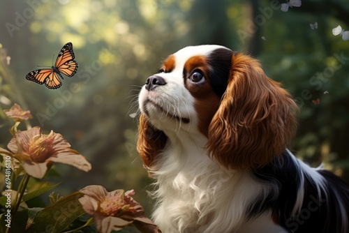 A Cavalier King Charles Spaniel watching a butterfly © furyon