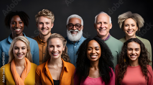 Team members smiling in a photo, in the style of realistic portrayal - group of people smiling together - .Multi ethnic mens and womens taking selfie - Ai 