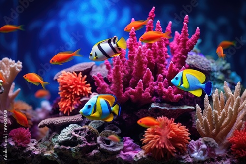 A cluster of colorful fish in a coral reef tank
