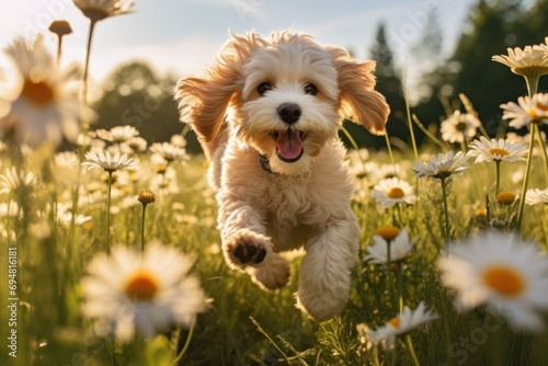 A cockapoo puppy running through a field of daisies photo