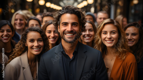 Team members smiling in a photo  in the style of realistic portrayal - group of people smiling together - .Multi ethnic mens and womens taking selfie - Ai 