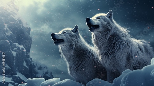 Wolves in a digitally crafted snowy wilderness, their fur realistically textured as they howl at the moon. photo