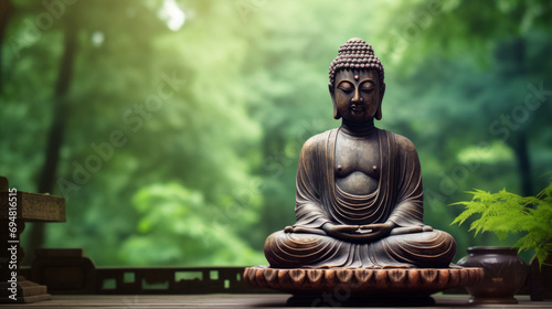 Buddha statue on green background  space for text  meditation concept  still life in Spa