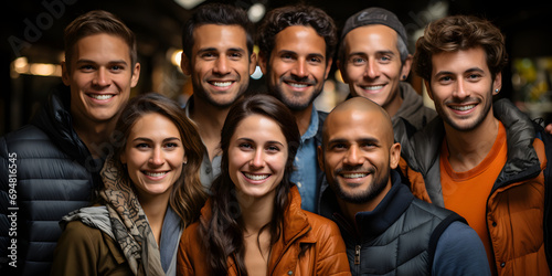 Team members smiling in a photo, in the style of realistic portrayal - group of people smiling together - .Multi ethnic mens and womens taking selfie - Ai 
