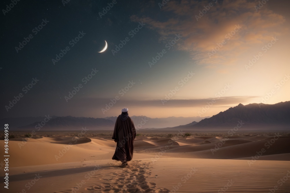 Rear view of a Muslim Arab man walking through the desert in the evening at night against a beautiful magical sky with stars and moon.