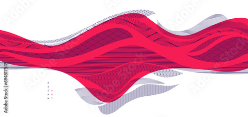 Nature art oriental Japanese style vector abstract background in red colors, runny like water shapes and lines with textures.