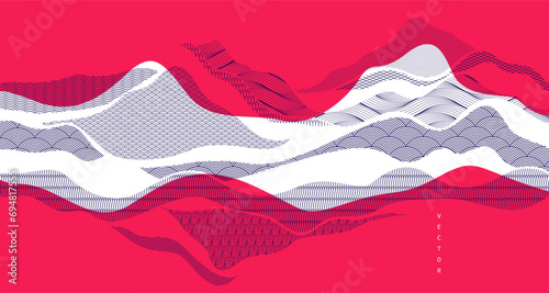 Abstract oriental Japanese art vector background in red color, traditional style design, wavy shapes and mountains terrain landscape, runny like sea lines.