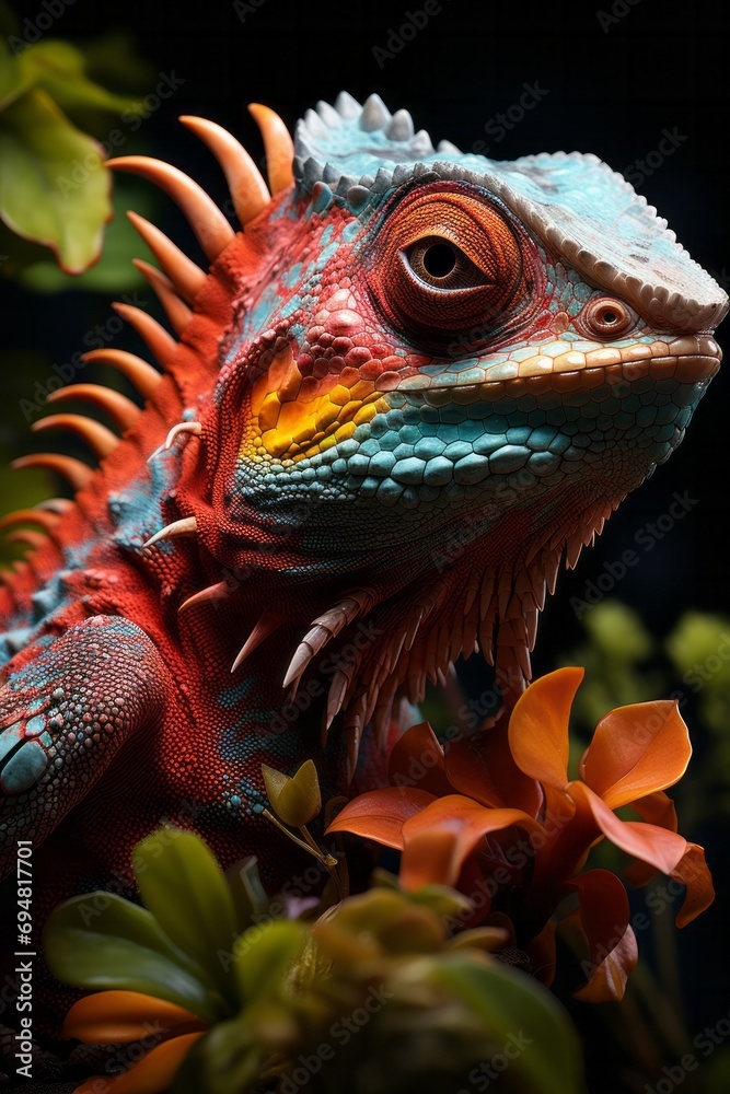 Fototapeta premium Colorful chameleon camouflaged in its tropical habitat, Generative AI