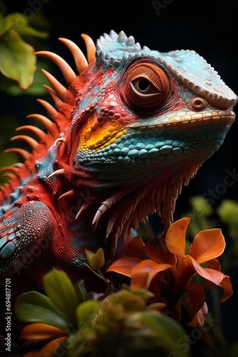 Colorful chameleon camouflaged in its tropical habitat  Generative AI