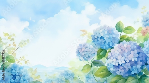 梅雨の晴れ間に咲く紫陽花の風景　Generative AI