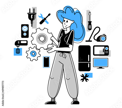 Technician engineer repairing household appliances, woman repairer service vector outline illustration, engineer fixing and upgrading different technics.