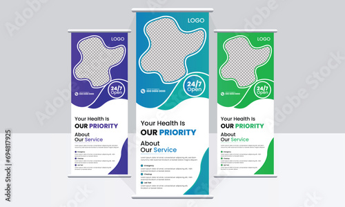 Elegant medical health care rollup banner template bundle. medical, 3d, advertising, background, banner, biochemistry, biology, blue, brochure, business promotion signage standee vector layout