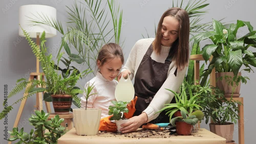 Mother-daughter gardening duo. Leisure with houseplants. Growth in the house Caucasian woman with little girl taking care of houseplants together at home watering flowers Mother-daughter gardening duo. Leisure with houseplants. Growth in the house Caucasian woman with little girl taking care of houseplants together at home watering flowers