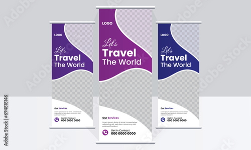 Travel Business agency Roll Up Template. Truism Standee Design Banner. Corporate digital Roll Up Banner. Vector x Banner, Holiday x-stand Banner. 
Company Tours Vacation exhibition display template.Tr photo