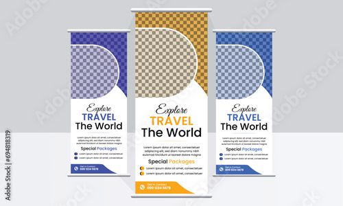 Travel Business agency Roll Up Template. Truism Standee Design Banner. Corporate digital Roll Up Banner. Vector x Banner, Holiday x-stand Banner. 
Company Tours Vacation exhibition display template.Tr
