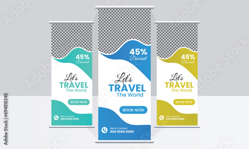 Travel Business agency Roll Up Template. Truism Standee Design Banner. Corporate digital Roll Up Banner. Vector x Banner, Holiday x-stand Banner. 
Company Tours Vacation exhibition display template.Tr