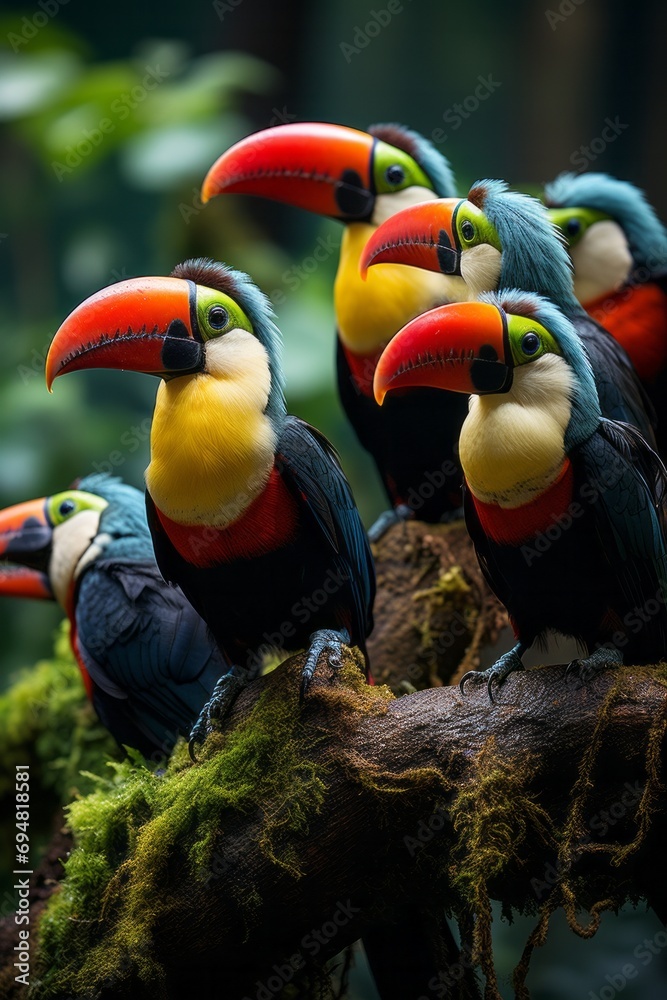 Obraz premium Group of colorful toucans in a rainforest canopy, Generative AI