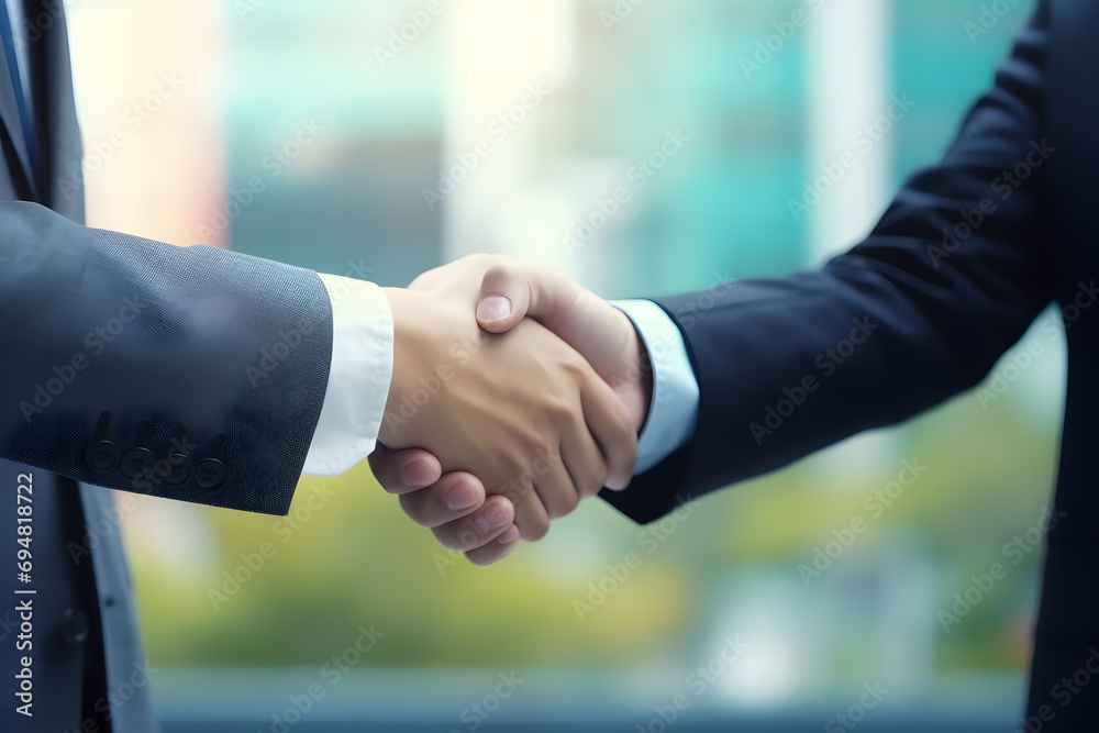 Two business colleagues shaking hands in a corporate office.