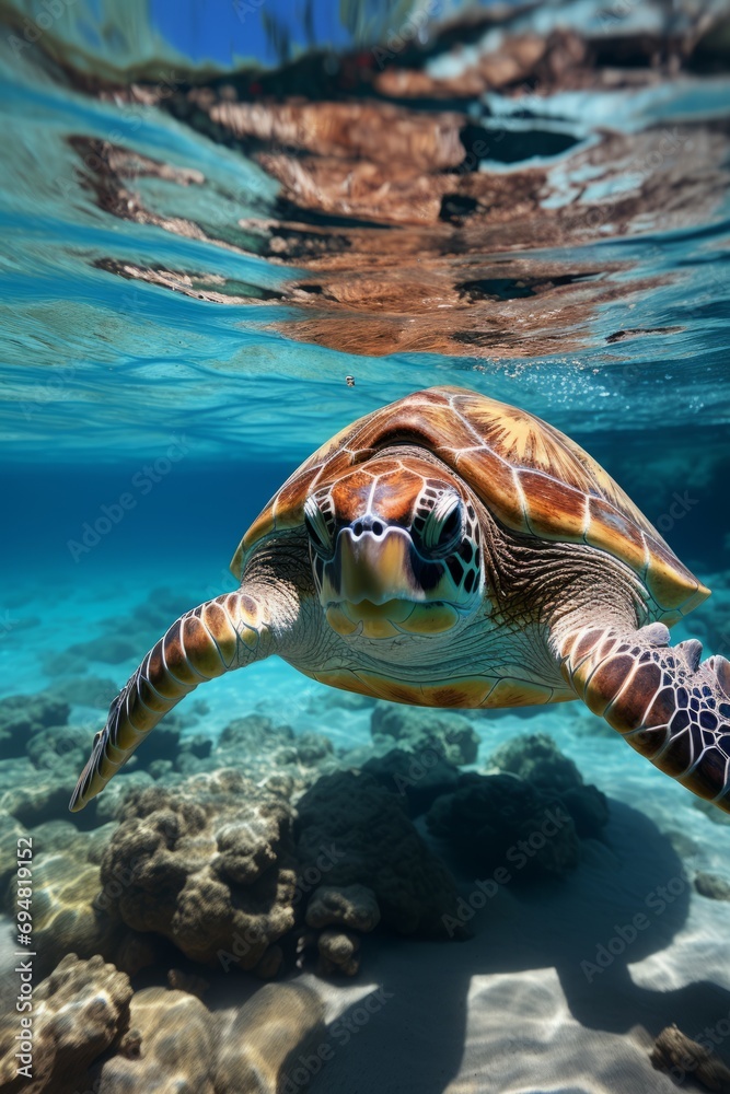 Fototapeta premium Group of sea turtles swimming in crystal-clear waters, Generative AI