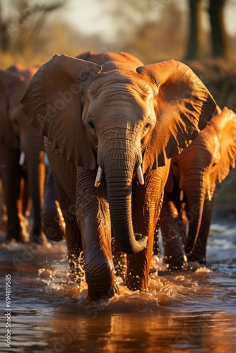Herd of elephants at a watering hole, Generative AI