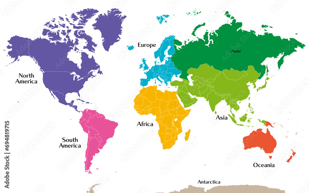 Naklejka premium 六州で色分けされた世界地図、ロシアをアジア州として別色で表示、英語