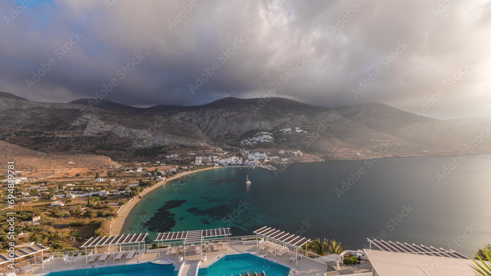 Obraz premium Panorama showing Amorgos island aerial timelapse from above. Greece