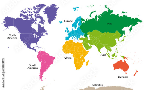 Fototapeta Naklejka Na Ścianę i Meble -  六州で色分けされた世界地図、ロシアをアジア州として別色で表示、英語