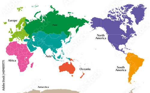 Fototapeta Naklejka Na Ścianę i Meble -  六州で色分けされた世界地図、ロシアをアジア州として別色で表示、英語