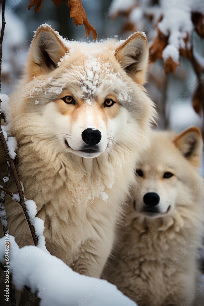Pair of wolves in a snow-covered forest, Generative AI