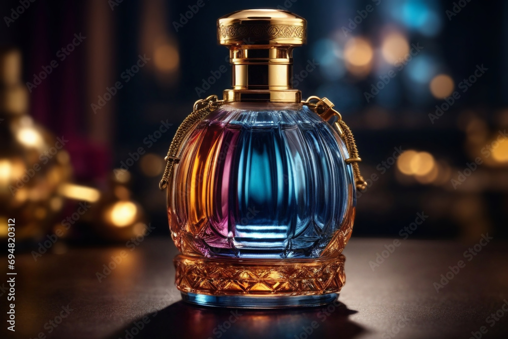colorful vibrant Perfume bottle closeup, Luxury Oudh fragrance cosmetic brand ad promotion colorful vibrant Perfume bottle closeup, Luxury Oudh fragrance cosmetic brand ad promotion