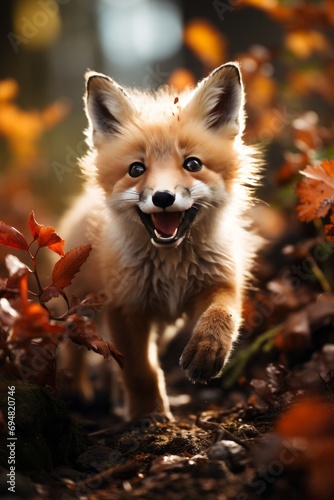 Playful red fox in a woodland setting, Generative AI