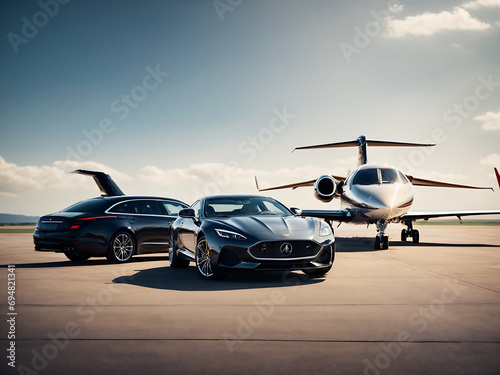 Supercar and private jet on the landing strip. Business-class service at the airport. Business class transfer. Airport shuttle.
