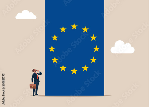 Smart entrepreneur or politician thinking with big flag European Union. Think big, aspiration to win and success. Flat vector illustration