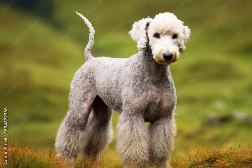 Purebred beautiful breed of dog Bedlington Terrier dog, nature background.