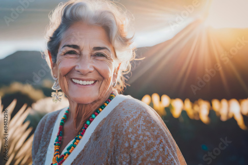 Elderly woman smiling happy and carefree at sunset photo
