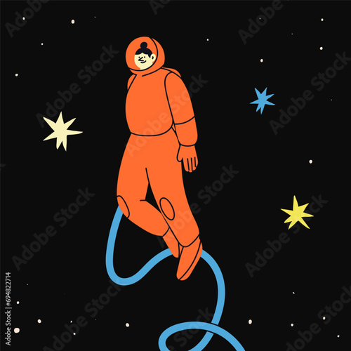 Person flying in outer Space. Colorful red suit. Astronaut or spaceman. Cute character. Cartoon flat style. Hand drawn Vector illustration. Isolated design element. Exploration, discovery concept 