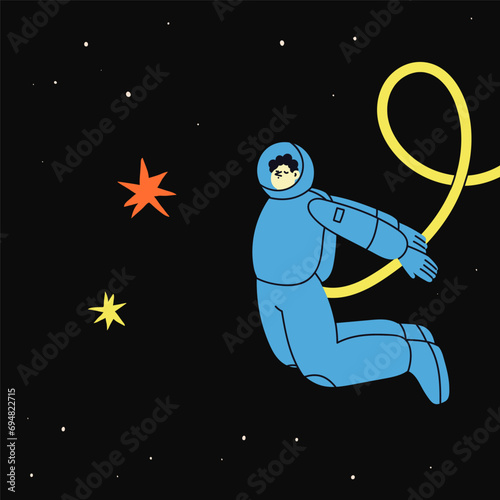 Person flying in outer Space. Colorful blue suit. Astronaut or spaceman. Cute character. Cartoon flat style. Hand drawn Vector illustration. Isolated design element. Exploration, discovery concept 