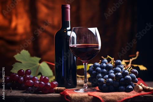 Wineglass with grape on wooden table