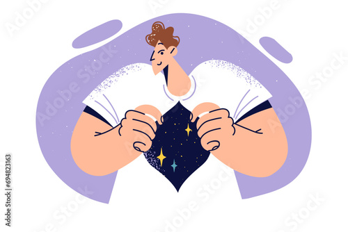 Man demonstrating universe inside himself and communicates importance of self-knowledge