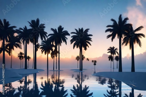 View of silhouette palm trees against blue sky during sunset 3D rendering 
