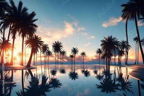 View of silhouette palm trees against blue sky during sunset 3D rendering 