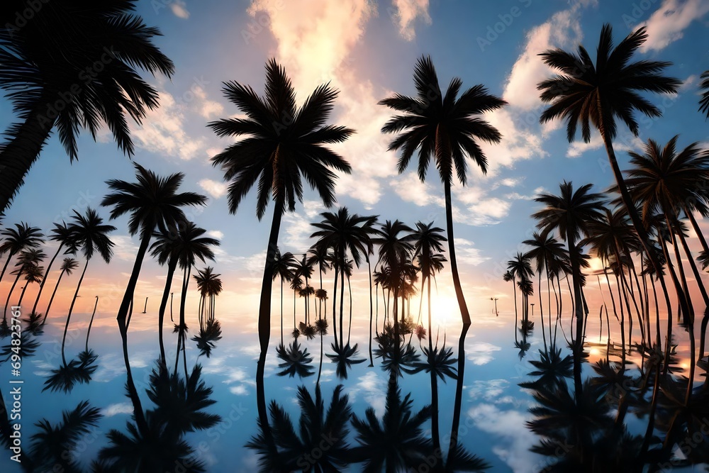 View of silhouette palm trees against blue sky during sunset 3D rendering 