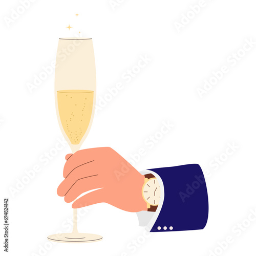 Glass of wine in man's hand. Champagne in the hand of guy. Vector illustration