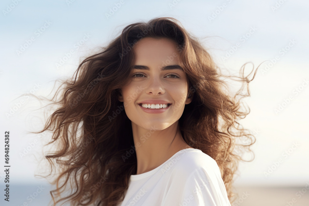 Radiant young woman with flowing hair and bright smile, embodies the carefree spirit of summer at the beach, her happiness as clear as the sky above Radiant young woman with flowing hair and bright smile, embodies the carefree spirit of summer at the beach, her happiness as clear as the sky above