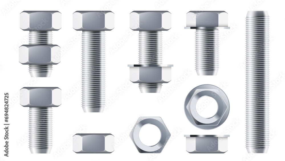Hex Bolt With And Without Nut Set Isolated On White Background - obrazy, fototapety, plakaty 
