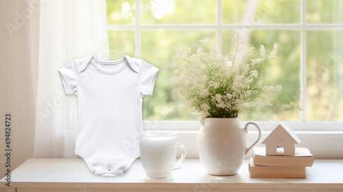 Baby wearing white shirt bodysuit mockup  The background is the window of the room