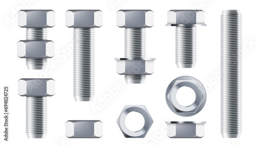 Hex Bolt With And Without Nut Set Isolated On White Background photo