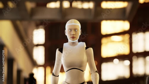 female robot walking along a street in a big city. humanoid AI robot crossing street. 3d render. future automation job.